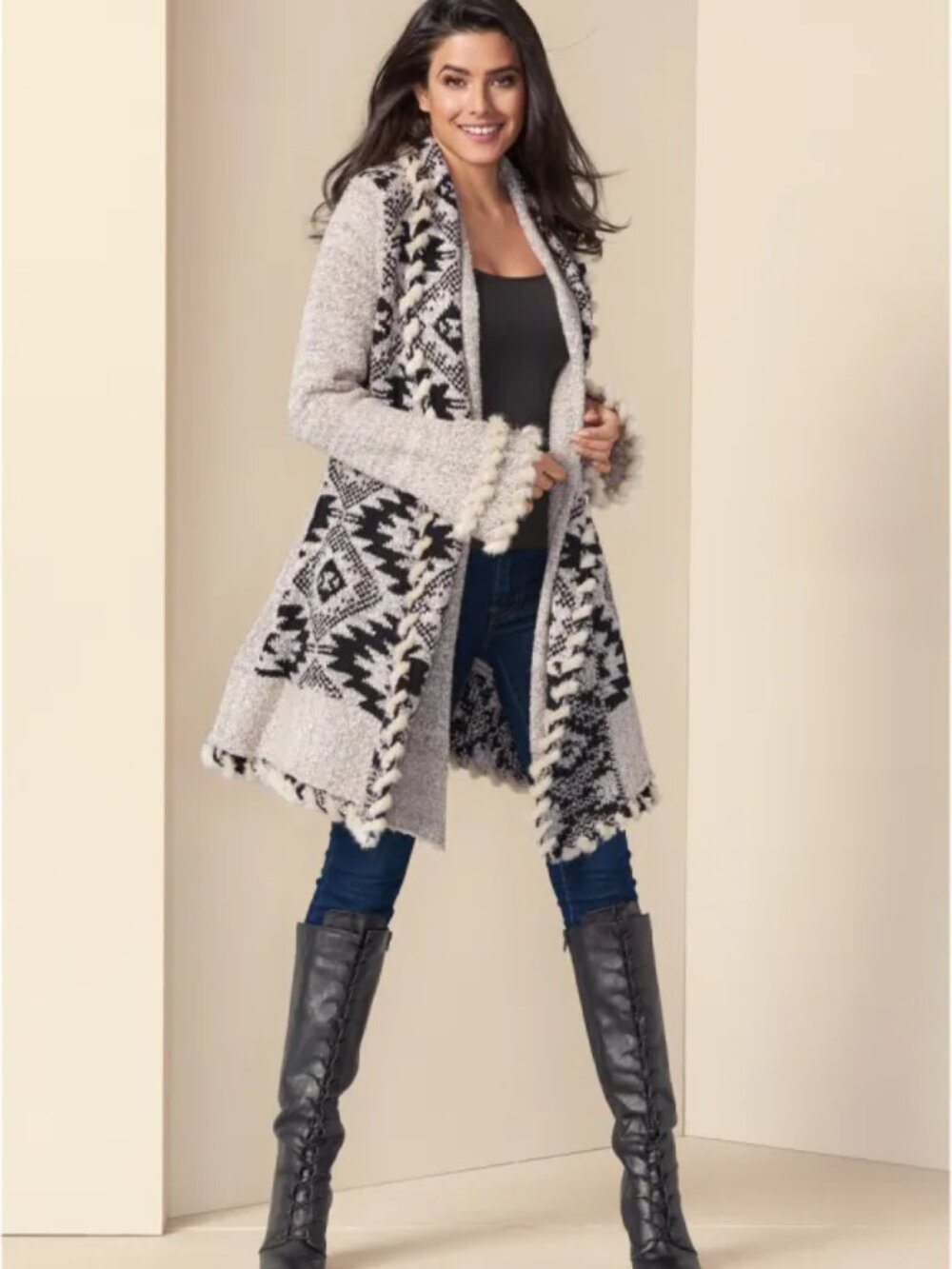 Venus Women's Gray Black Boho Duster Aztec Knit Faux Trim Cardigan Sweater Sz XL